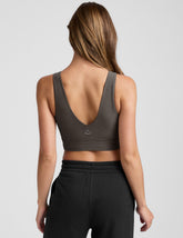 gray long line style bra with a front and back v-neck.